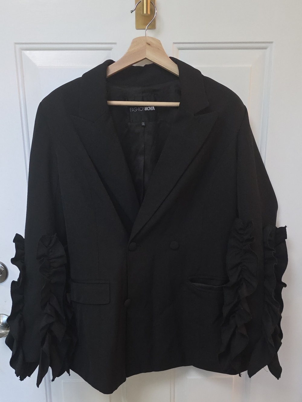 Fashion Nova Black Double-Breasted Blazer with Ruffle Sleeve Detail